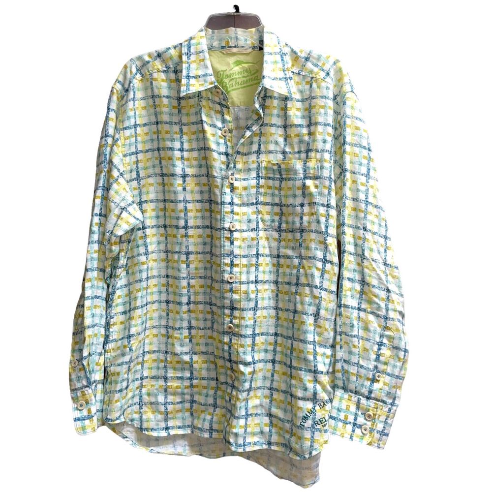 Tommy Bahama L 100% Linen Windowpane Plaid Casual Button Down Shirt - Picture 2 of 6